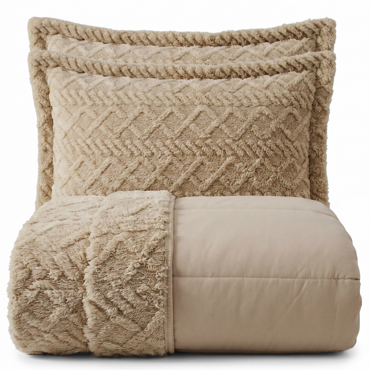 Cobercolcha Queen Matelado Com Sherpa Jacquard Canadá 3 Peças - Bege