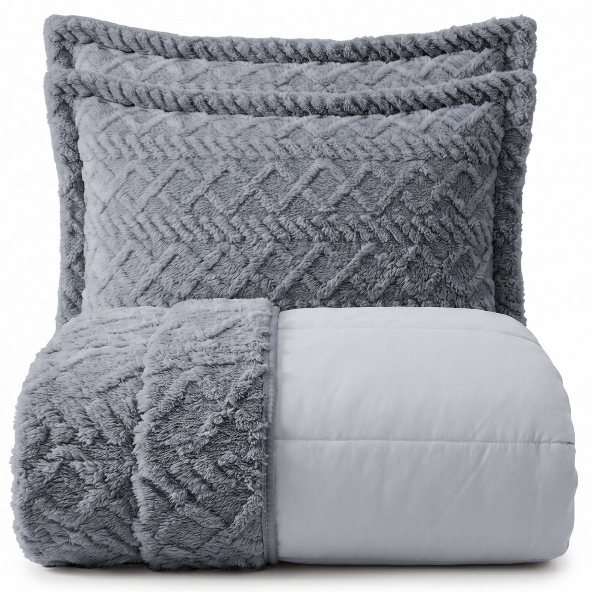 Cobercolcha Queen Matelado Com Sherpa Jacquard Canadá 3 Peças - Cinza