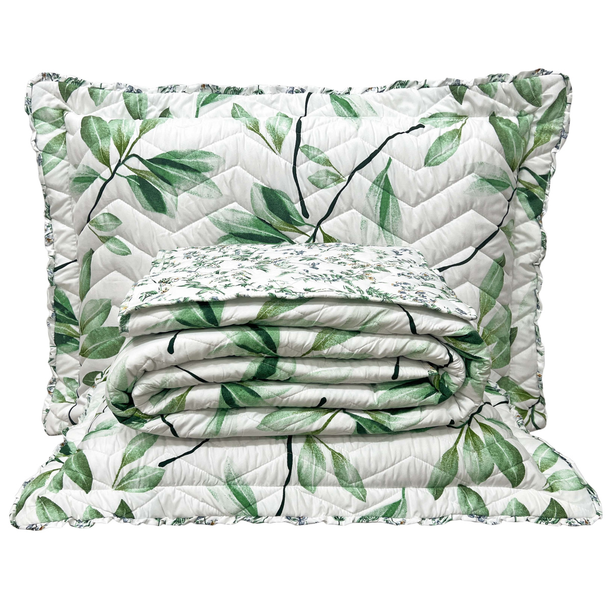 Cobre Leito Queen Percal 300 Fios Dupla Face Confort Print 03 Peças - Folhas Verdes