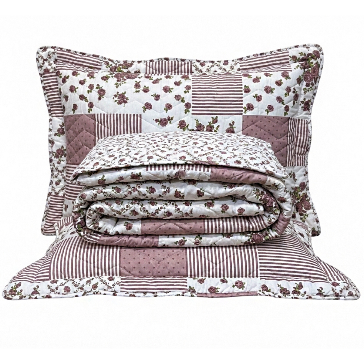 Cobre Leito Queen Percal 300 Fios Dupla Face Confort Print 03 Peças - Patchwork Malva