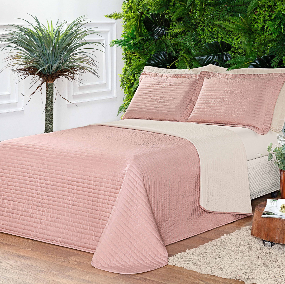 Cobre Leito King Percal 300 Fios Matelassê Costurado Dupla Face Dual 03 Peças - Rosê