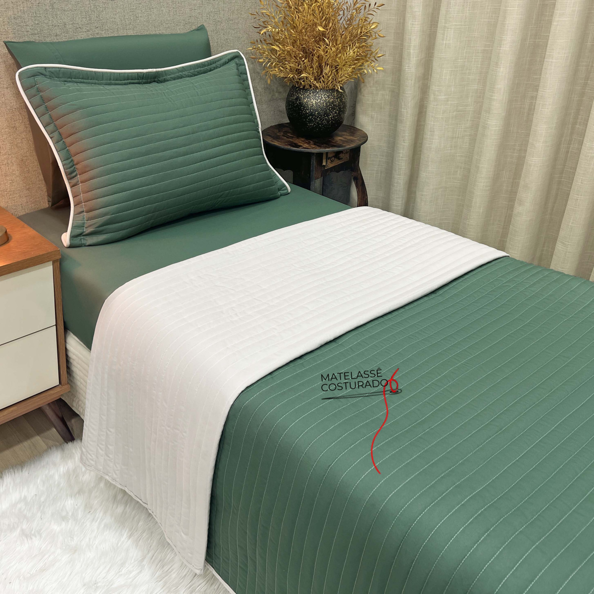 Cobre Leito Solteiro Percal 300 Fios Matelassê Costurado Dupla Face Dual 02 Peças - Esmeralda