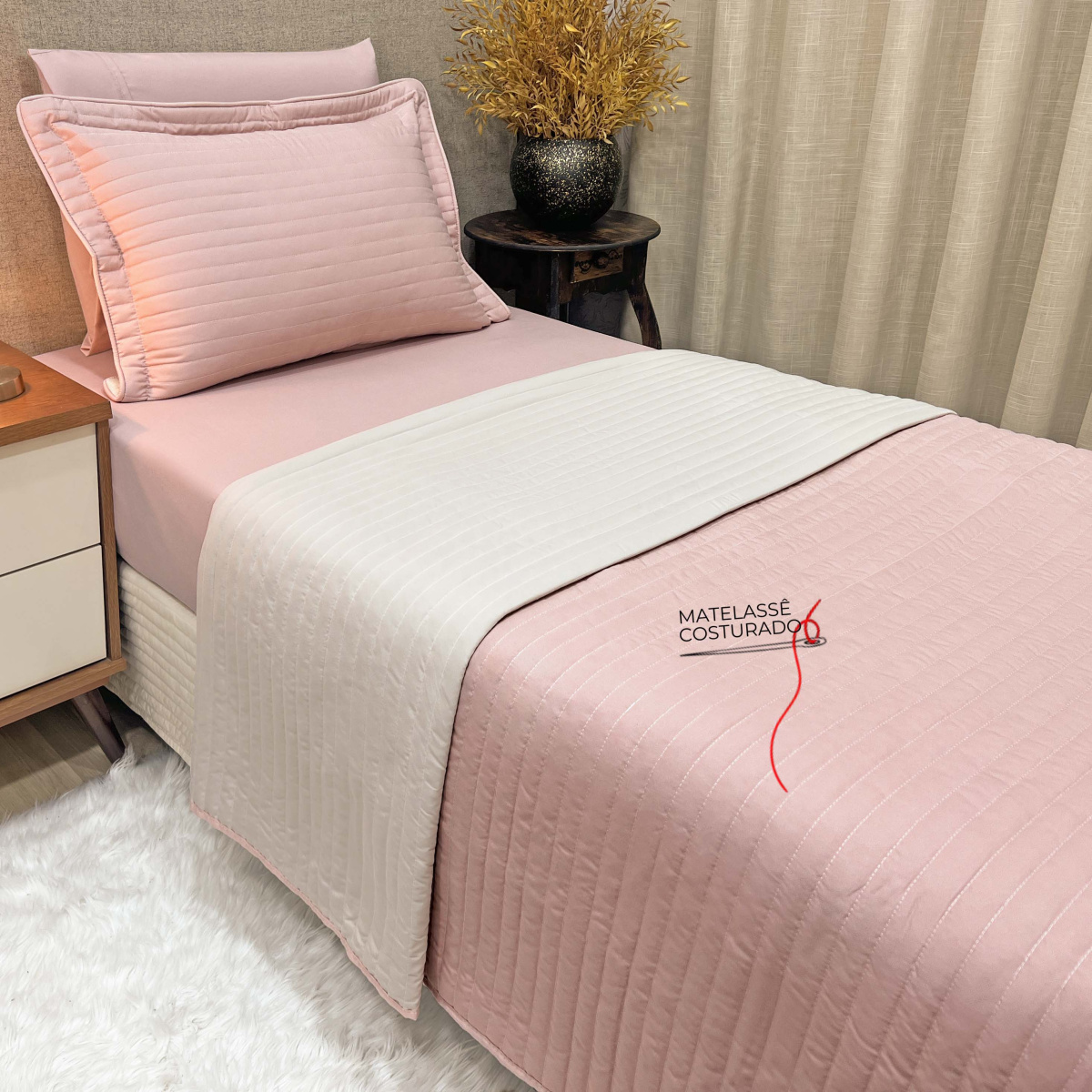 Cobre Leito Solteiro Percal 300 Fios Matelassê Costurado Dupla Face Dual 02 Peças - Rosê