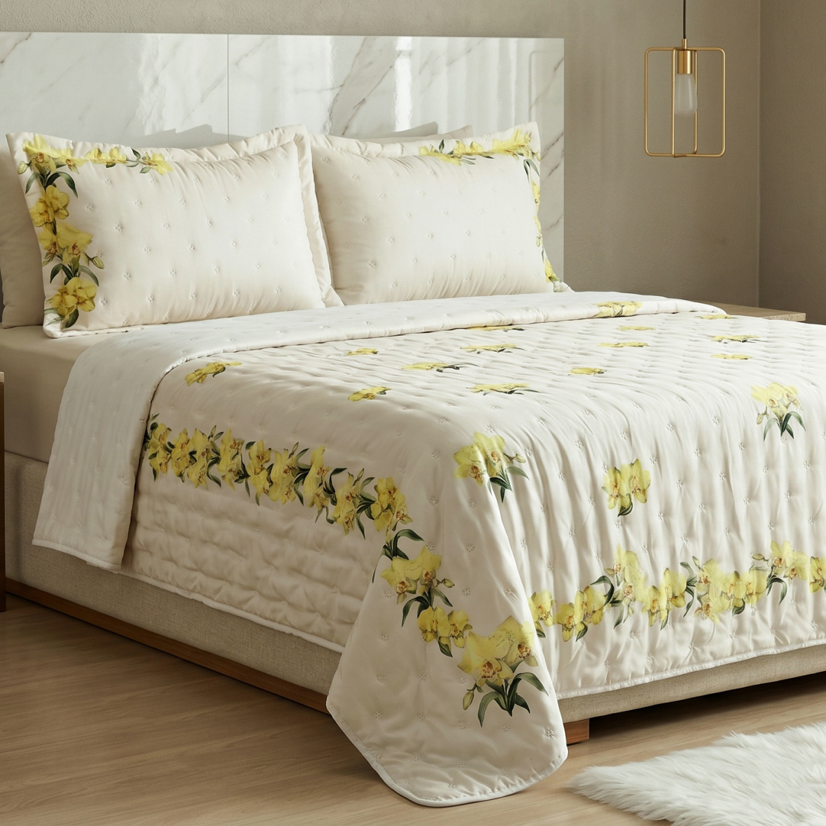 Cobre Leito King Percal 300 Fios Estampa Localizada Garden 03 Peças - Orquídea Amarela