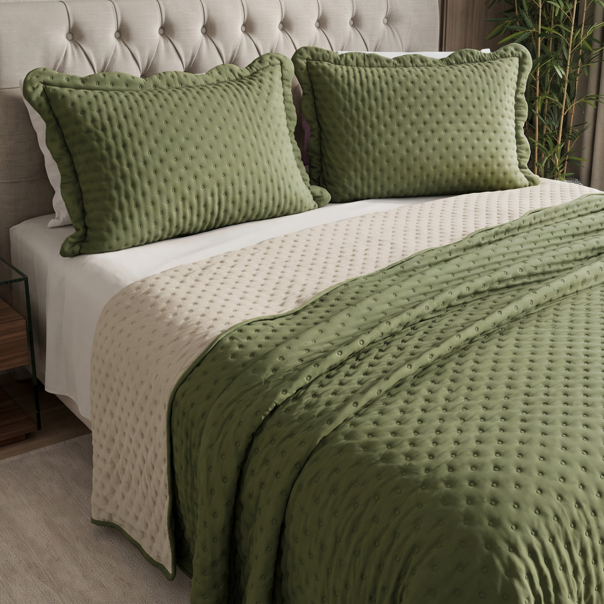 Cobre Leito King Percal 300 Fios Toque de Pluma Dupla Face Bold Bicolor 03 Peças - Musgo Bicolor