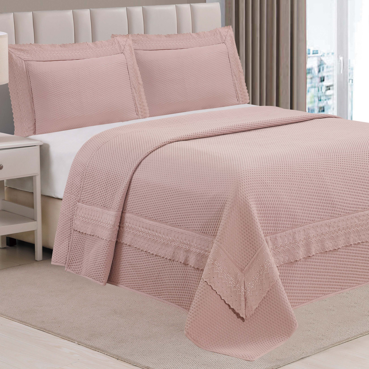 Cobre Leito Casal Padrão Percal 300 Fios C/ Bordado Inglês Toque de Pluma Majestic 03 Peças - Malva