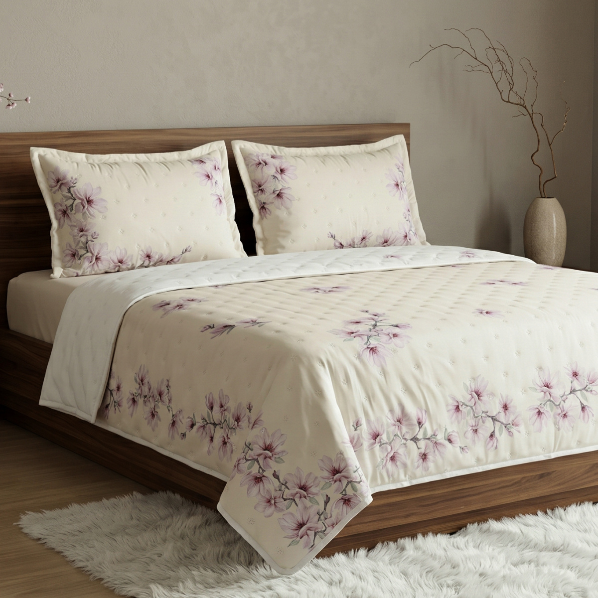 Cobre Leito Queen Percal 300 Fios Estampa Localizada Garden 03 Peças - Magnolia Malva