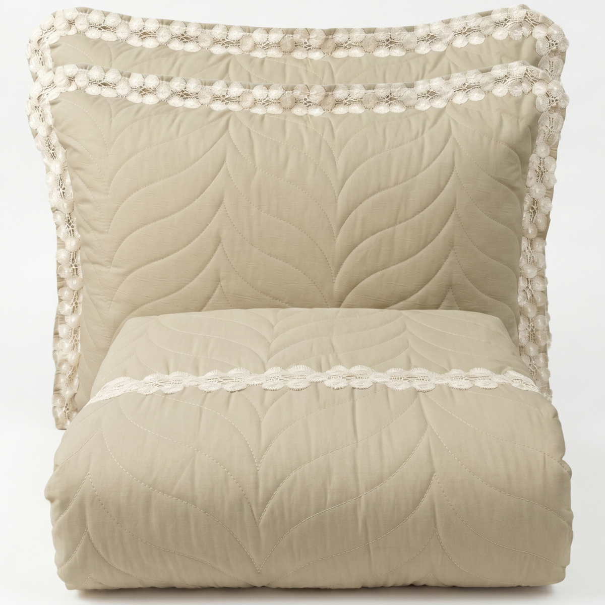 Cobre Leito Queen Percal 300 Fios Matelassê Costurado C/ Guipir Home 03 Peças - Cáqui