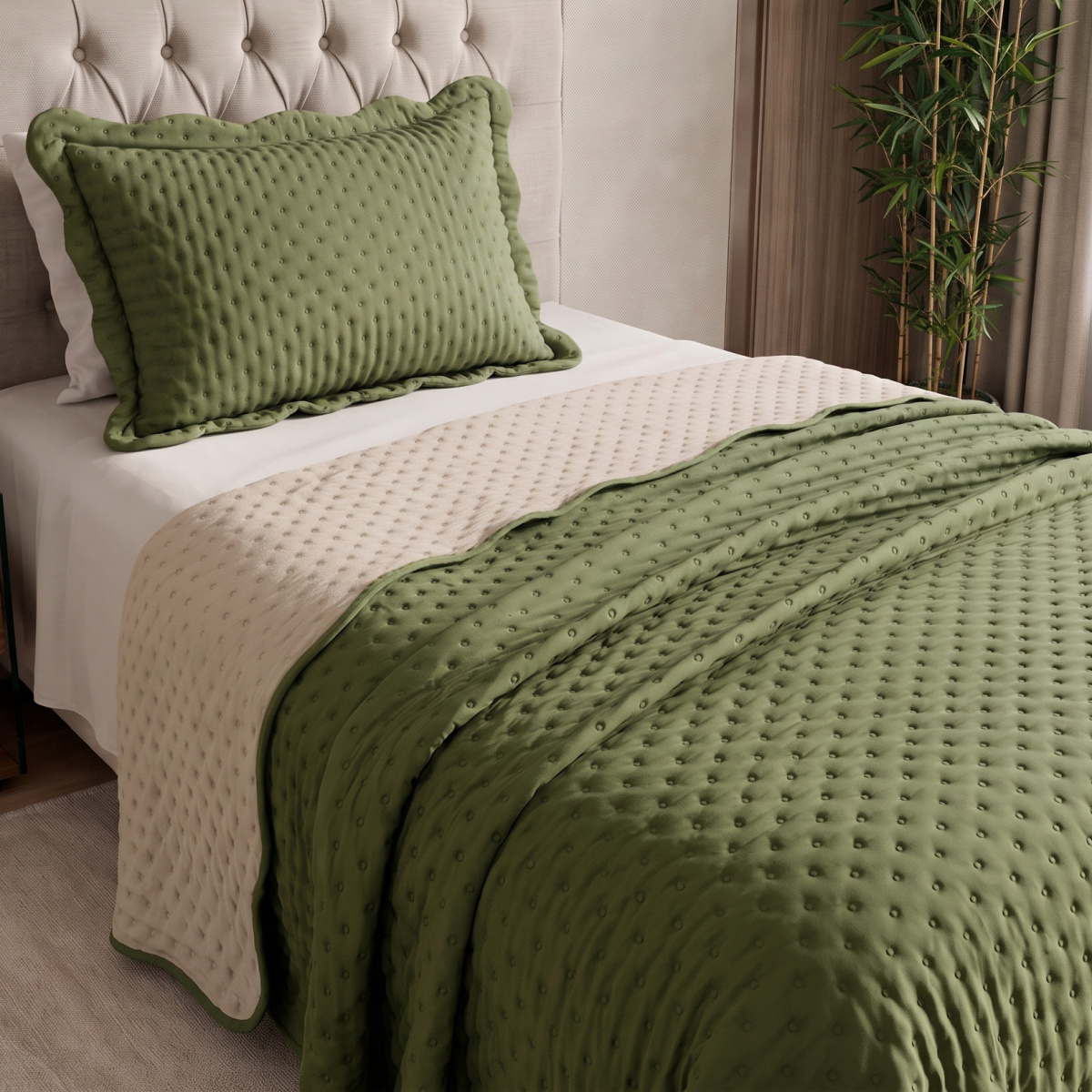 Cobre Leito Solteiro Percal 300 Fios Dupla Face Toque de Pluma Bold Bicolor 02 Peças - Musgo Bicolor