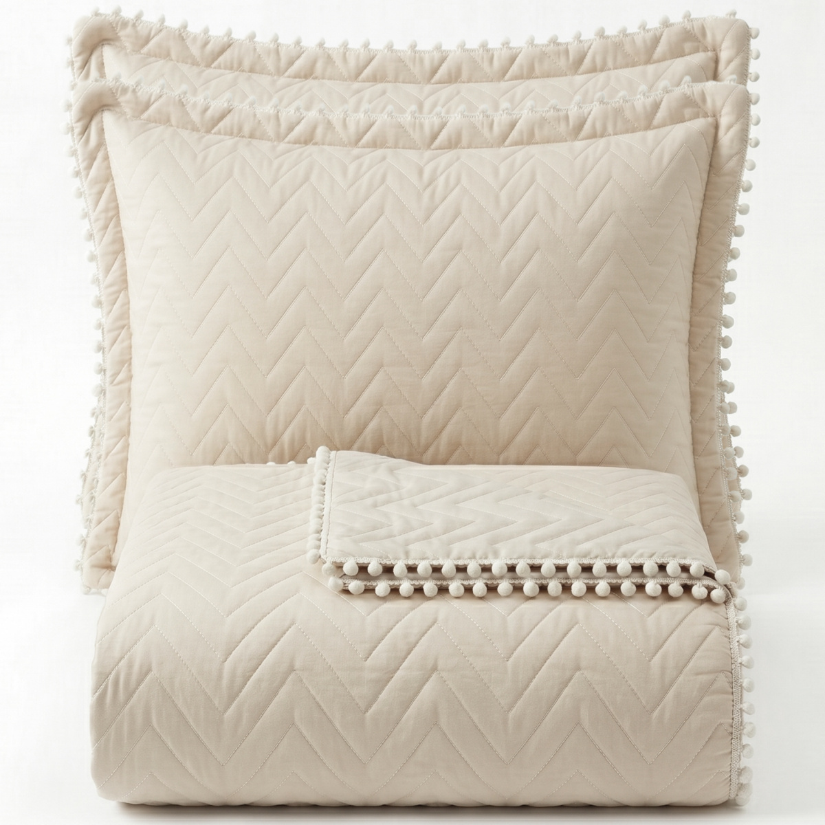 Colcha Queen Percal 300 Fios Matelassê Costurado Pompom 03 Peças - Palha