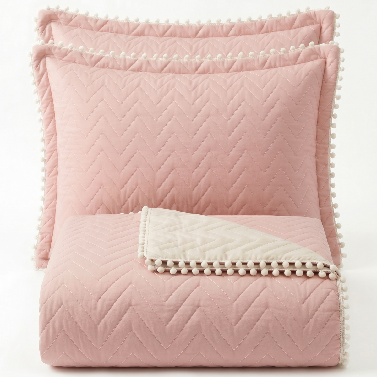 Colcha Queen Percal 300 Fios Matelassê Costurado Pompom 03 Peças - Rose
