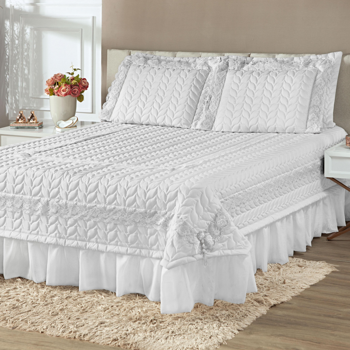 Colcha King Matelada C/ Renda e Babado Romantica 05 Peças - Branco