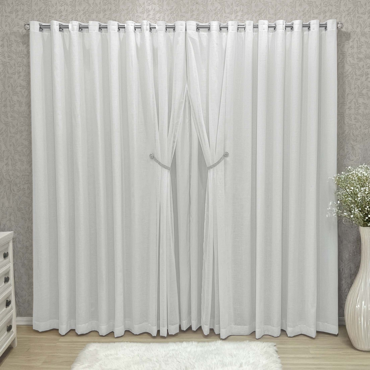Cortina Bélgica p/ Varão - 2,00m larg. x 1,70m alt. Forro e Gaze de Linho - Branco C/ Gaze Branco