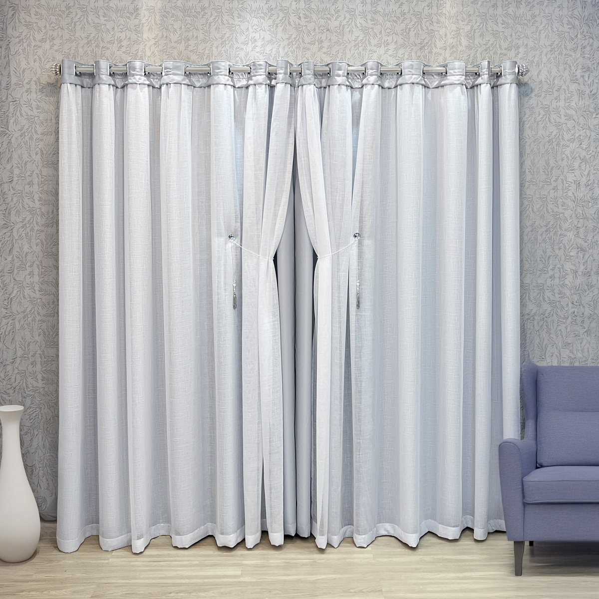 Cortina Idealle p/ Varão - 3,00 larg. x 2,50 alt. Blackout e Gaze de Linho - Gelo C/ Gaze Branco