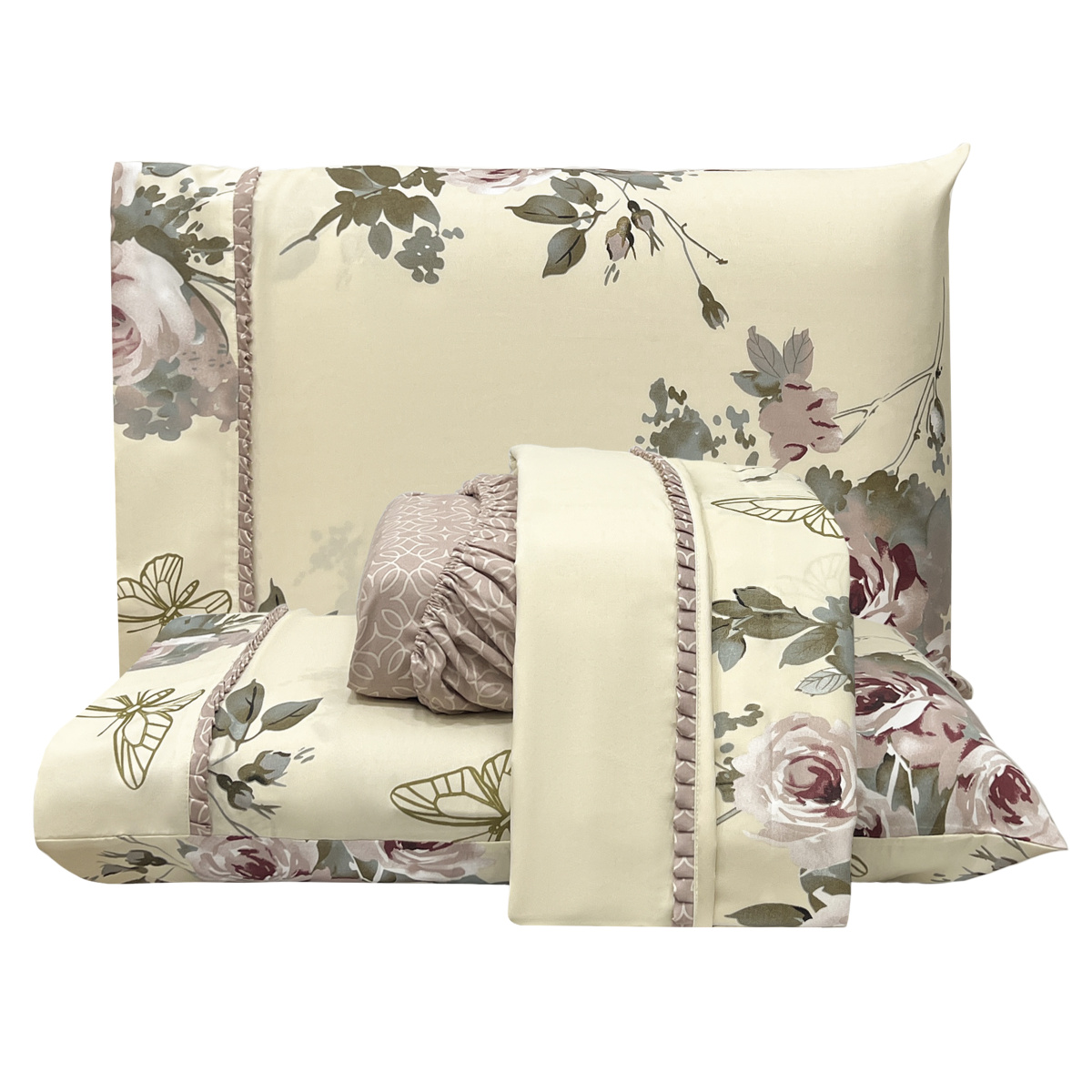 Jogo Cama King Percal 300 Fios Toque Macio Confort Print 04 Peças - Flores Rosê