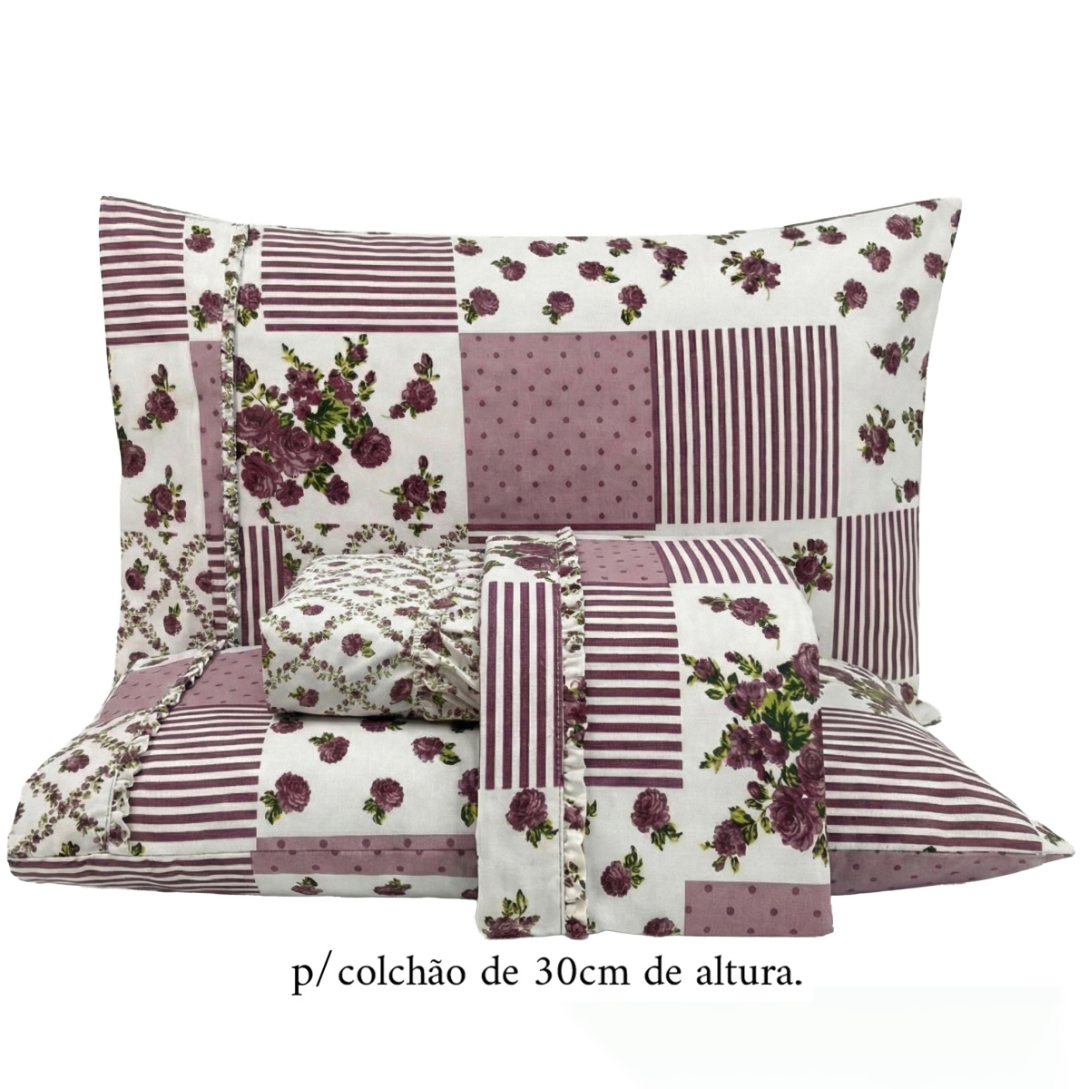 Jogo Cama King Percal 300 Fios Toque Macio Confort Print 04 Peças - Patchwork Malva