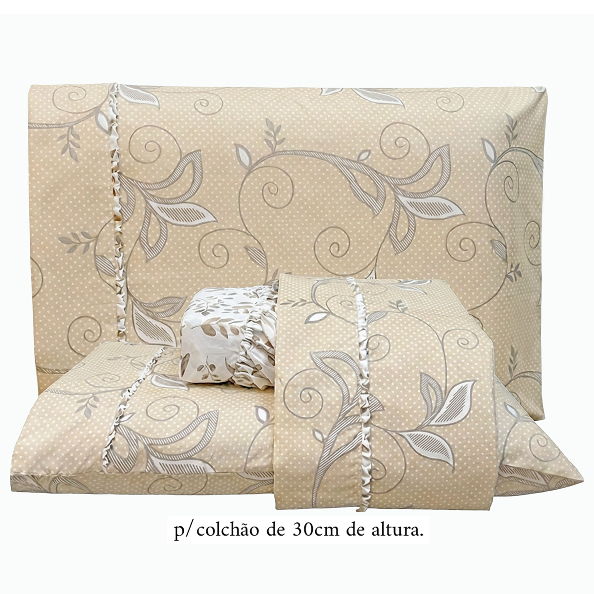 Jogo Cama King Percal 300 Fios Toque Macio Confort Print 04 Peças - Ramo Creme