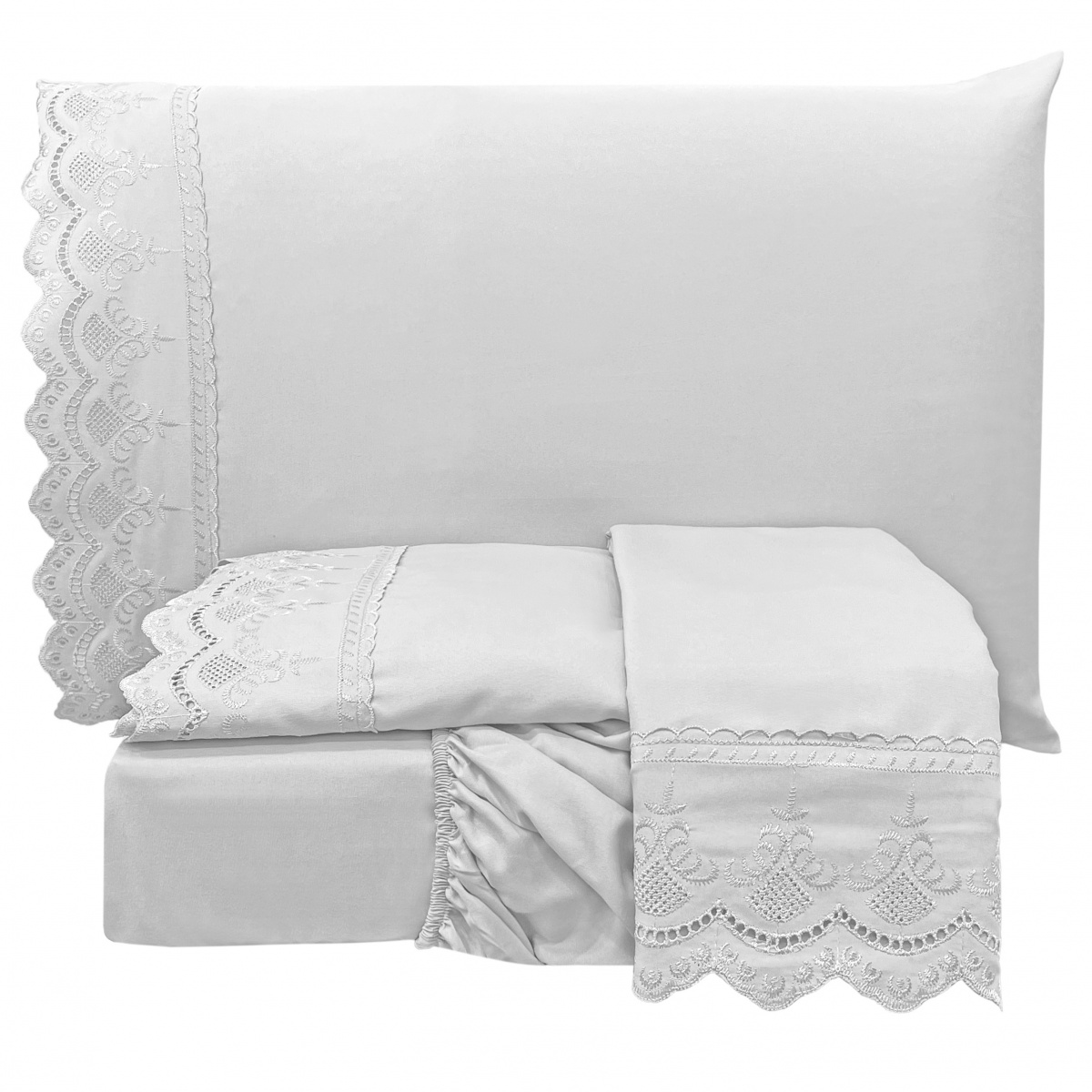 Jogo Cama King Percal 300 Fios Bordado Inglês Lauren 04 Peças - Branco