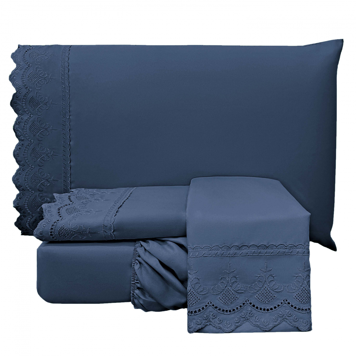 Jogo Cama King Percal 300 Fios Bordado Inglês Lauren 04 Peças - Jeans