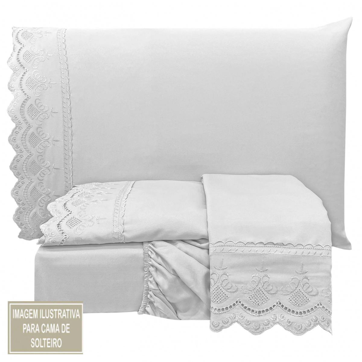 Jogo Cama Solteiro Percal 300 Fios Bordado Inglês Lauren 03 Peças - Branco