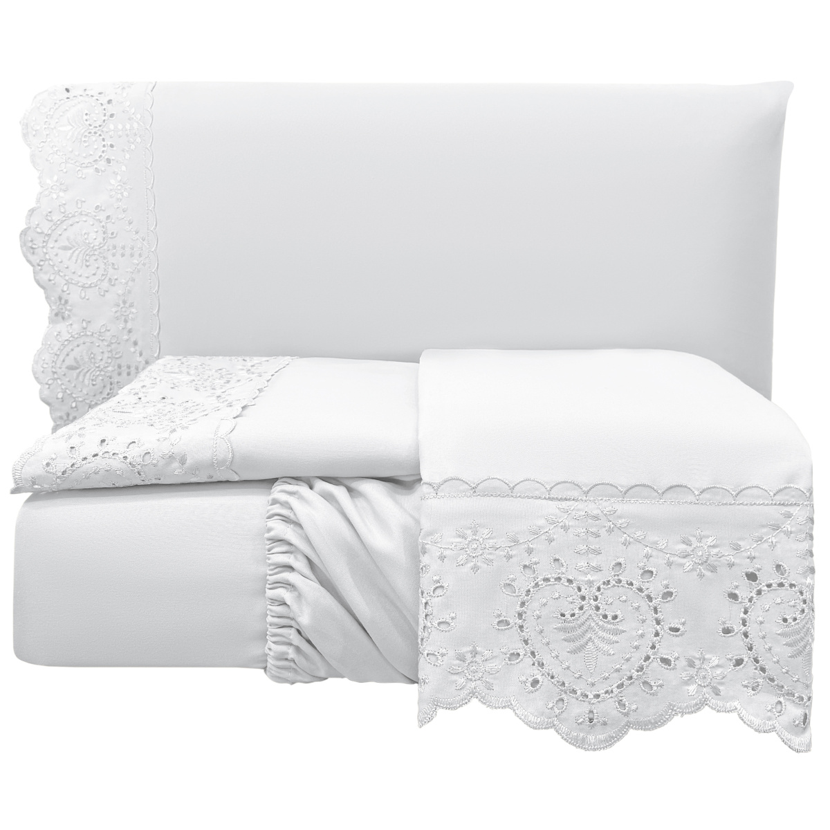 Jogo Cama Casal Padrão Percal 300 Fios C/ Bordado Inglês Núpcias 04 Peças - Branco