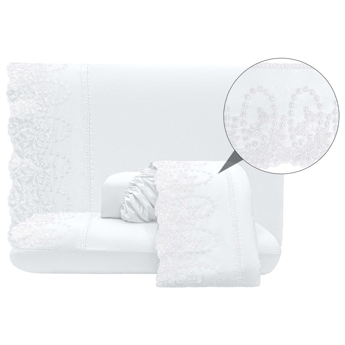 Jogo Cama Queen Percal 300 Fios C/ Bordado Inglês Ponto Cheio Romantic 04 Peças - Branco