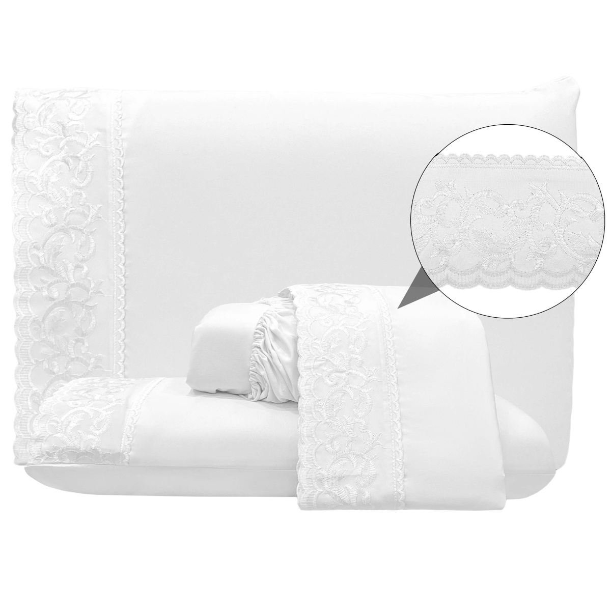 Jogo Cama Queen Percal 300 Fios C/ Bordado Inglês Ponto Cheio Requinte 04 Peças - Branco