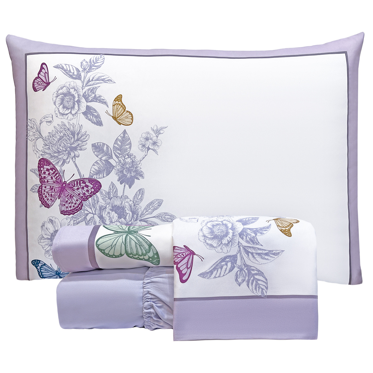 Jogo Cama King Percal 300 Fios C/ Estampa Aplicada Floral Buquê 04 Peças - Borboletas
