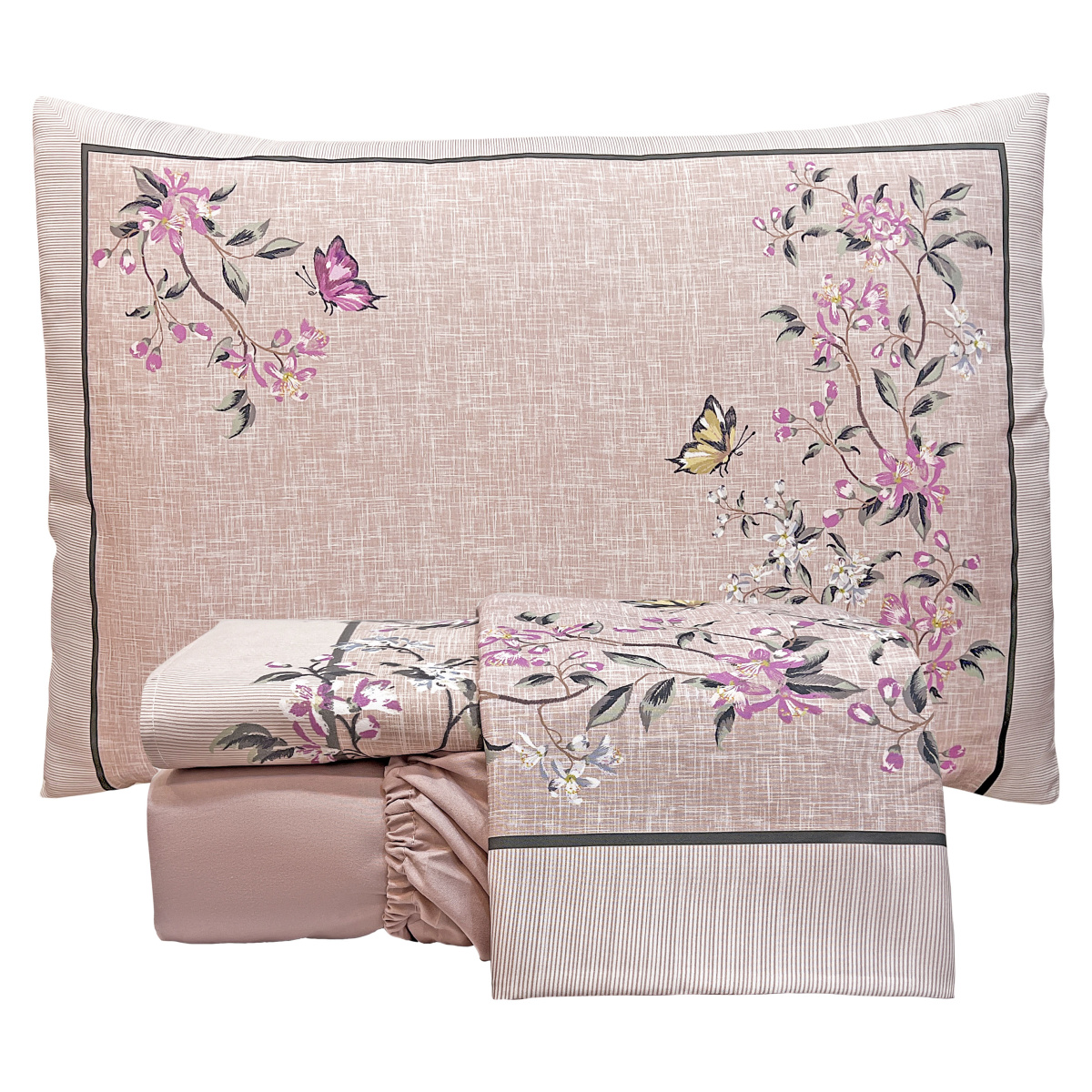 Jogo Cama Queen Percal 300 Fios C/ Estampa Aplicada Floral Buquê 04 Peças - Ramo Malva