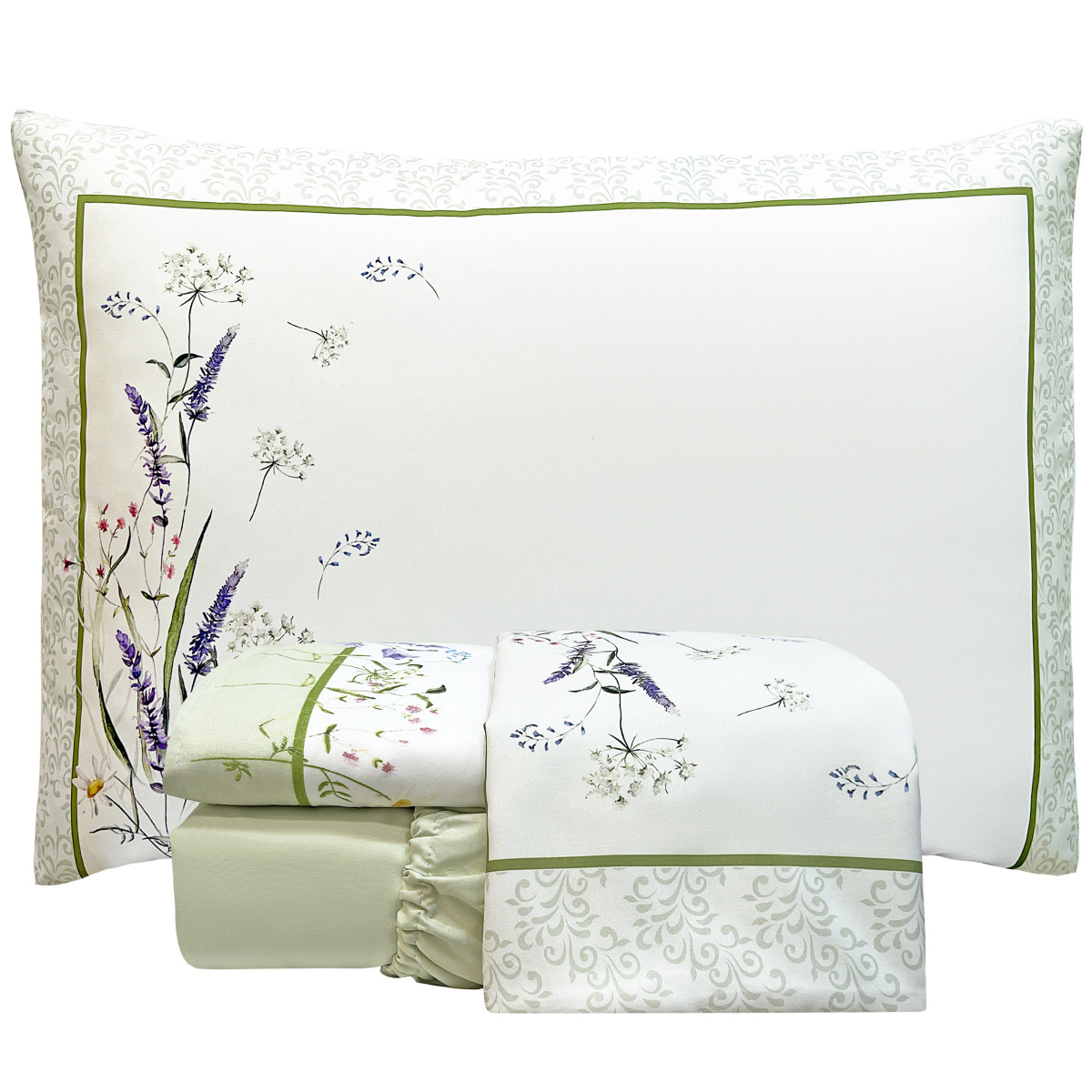 Jogo Cama Casal Padrão Percal 300 Fios C/ Estampa Aplicada Floral Buquê 04 Peças - Buquê Lavanda