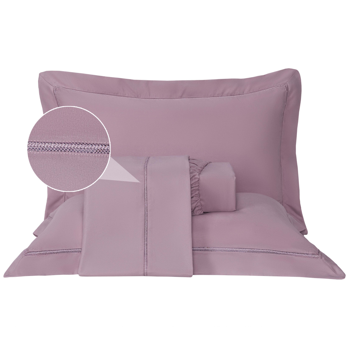 Jogo Cama Casal Padrão Percal 300 Fios C/ Guipir e Fronhas C/ Aba Luxury 04 Peças - Malva