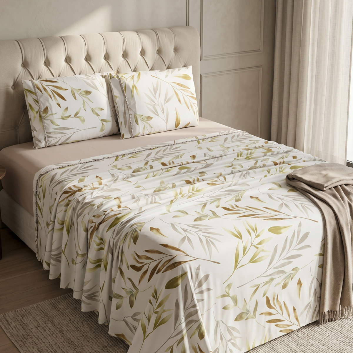 Jogo Cama Queen Percal 300 Fios Toque Macio Confort Print 04 Peças - Bambu Verde