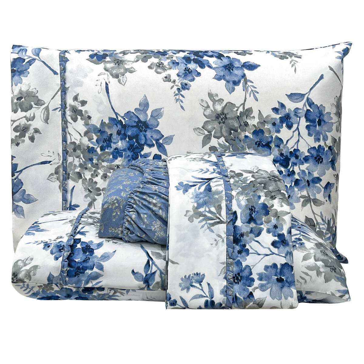 Jogo Cama Queen Percal 300 Fios Toque Macio Confort Print 04 Peças - Flores Azuis