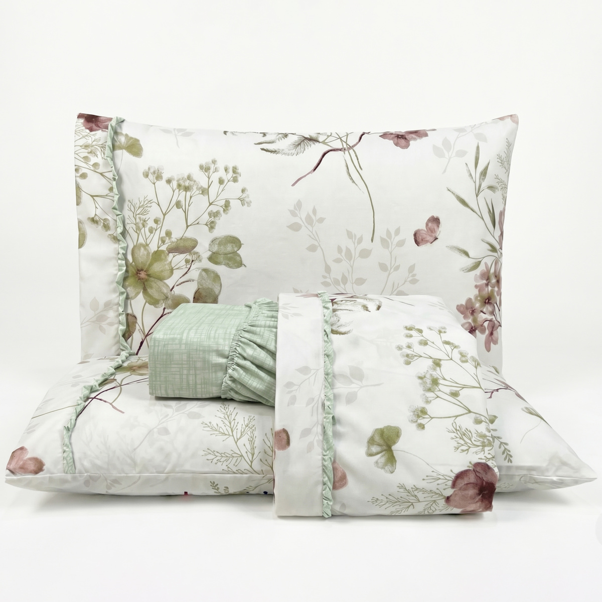 Jogo Cama Queen Percal 300 Fios Toque Macio Confort Print 04 Peças - Floral Menta