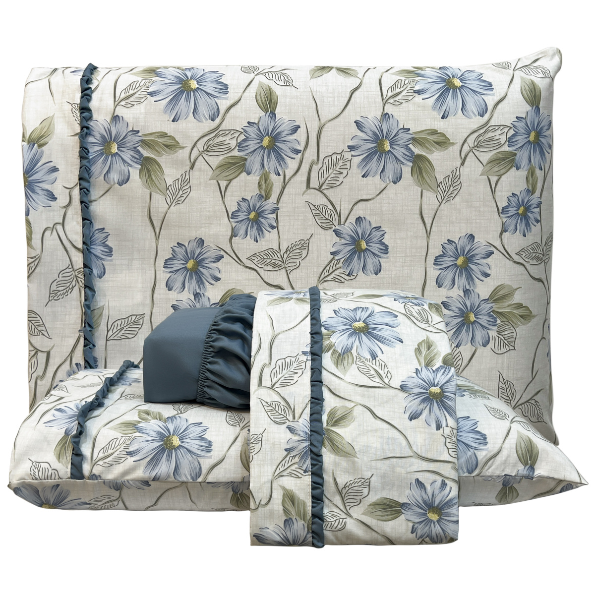 Jogo Cama Queen Percal 300 Fios Toque Macio Confort Print 04 Peças - Margarida Azul