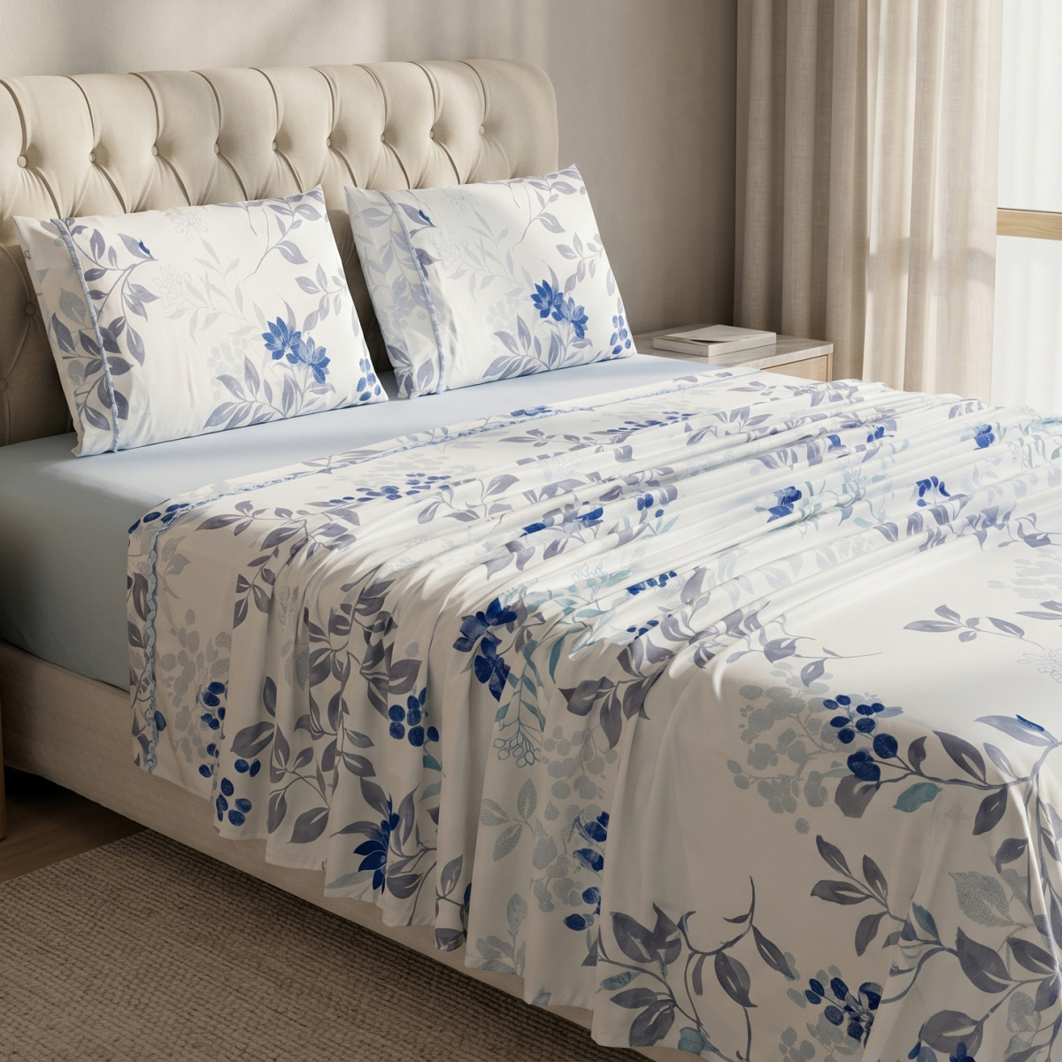 Jogo Cama Queen Percal 300 Fios Toque Macio Confort Print 04 Peças - Mirtilo Azul