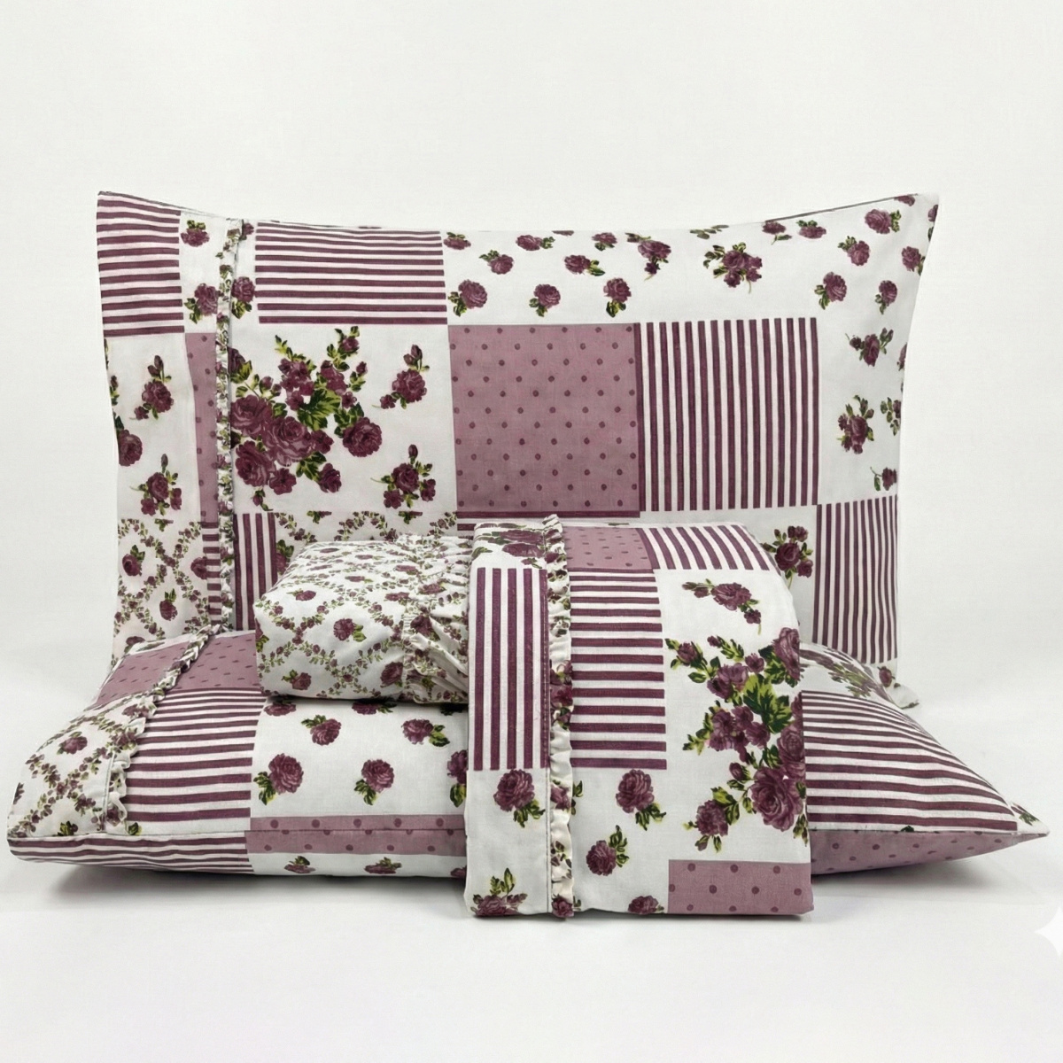 Jogo Cama Queen Percal 300 Fios Toque Macio Confort Print 04 Peças - Patchwork Malva