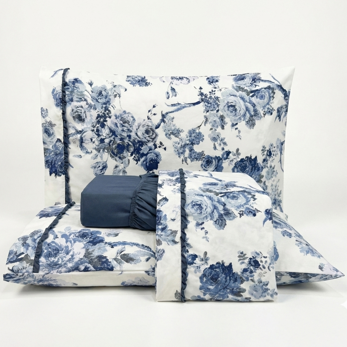 Jogo Cama Queen Percal 300 Fios Toque Macio Confort Print 04 Peças - Rosas Azul
