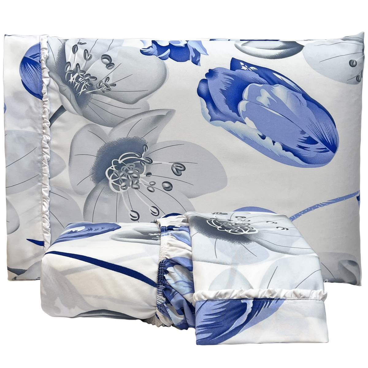 Lençol C/ Elástico + 02 Fronhas Percal 300 Fios Confort Print Casal Padrão 03 Peças - Ramo Azul