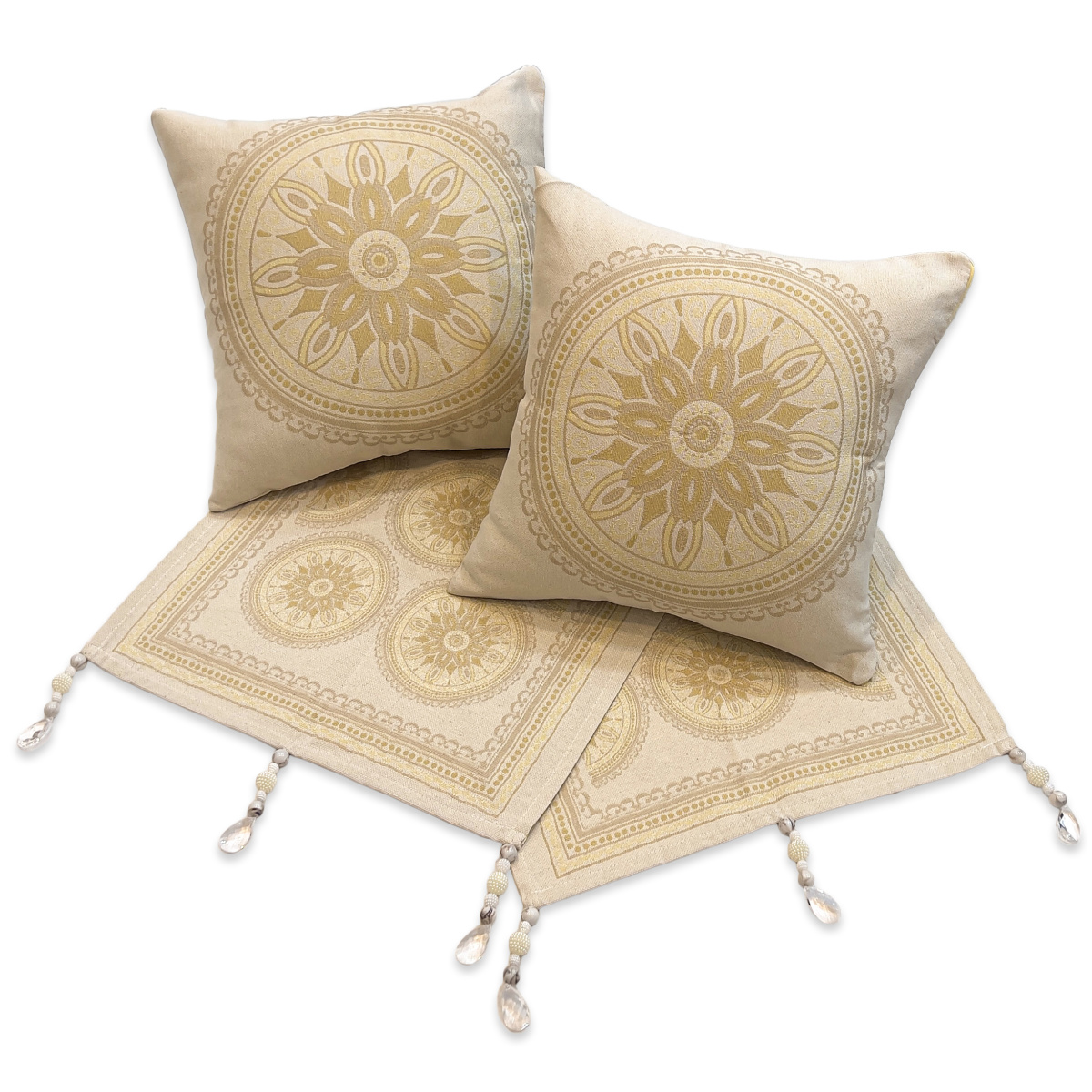 Jogo Xale/Peseira Queen C/ Capa de Almofada Jacquard Premium Rústico 03 Peças - Mandala Amarelo