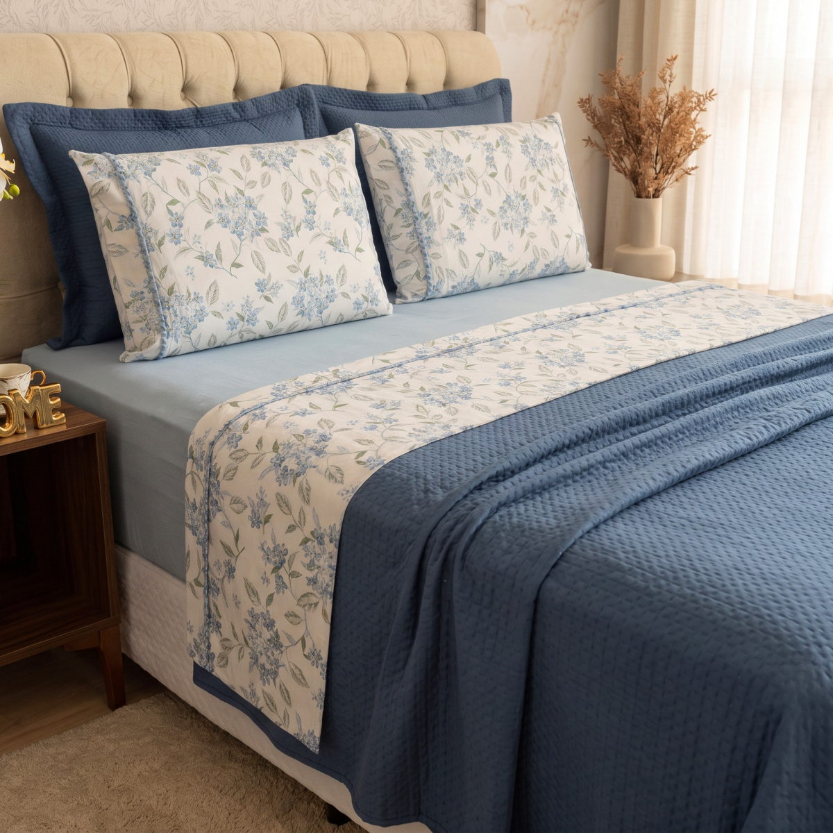 Kit Casal Cobre Leito + Jogo de Cama Percal 300 Fios Primavera 07 Peças - Jasmin Azul