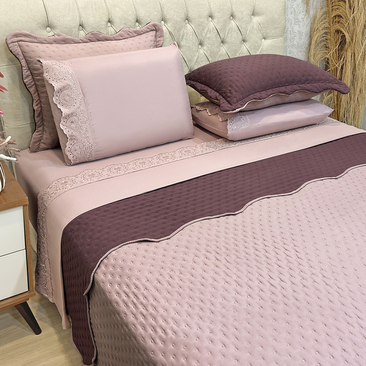 Kit King Cobre Leito + Jogo Cama Percal 300 Fios Dupla Face Lorena Bicolor 07 Peças - Malva
