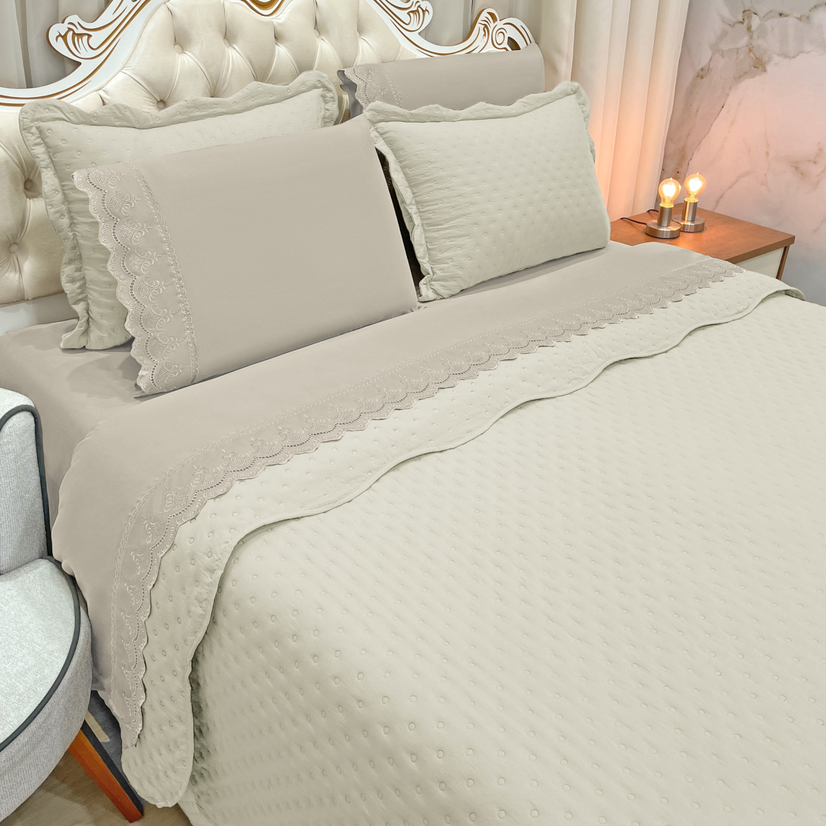 Kit Cobre Leito + Jogo Cama Percal 300 Fios Dupla Face Lorena King 07 Peças - Fendi