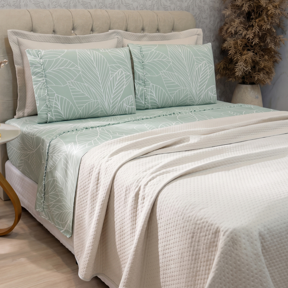 Kit Queen Cobre Leito + Jogo Cama Percal 300 Fios Primavera 07 Peças - Menta