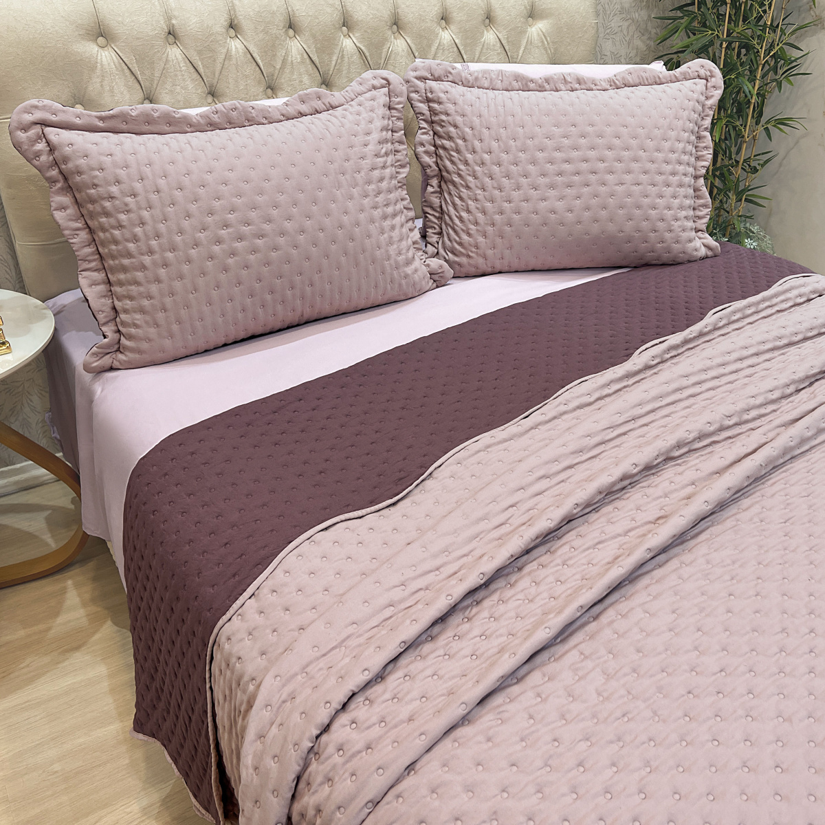 Cobre Leito Casal Padrão Percal 300 Fios Toque de Pluma Dupla Face Bold Bicolor 03 Peças - Malva