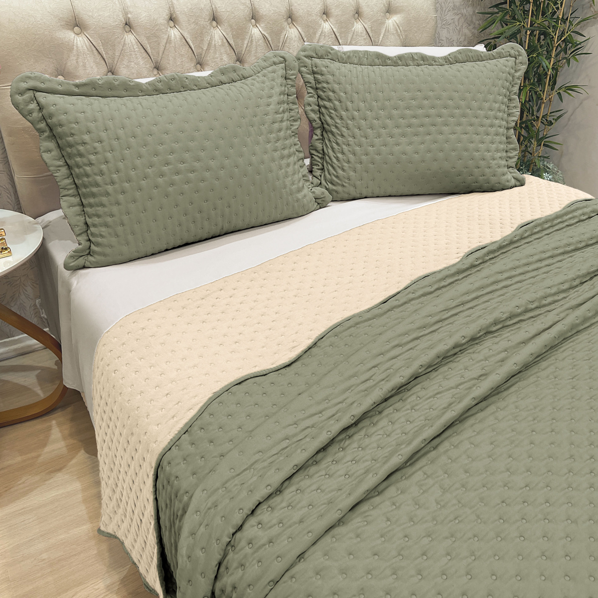Cobre Leito King Percal 300 Fios Toque de Pluma Dupla Face Bold Bicolor 03 Peças - Pistache