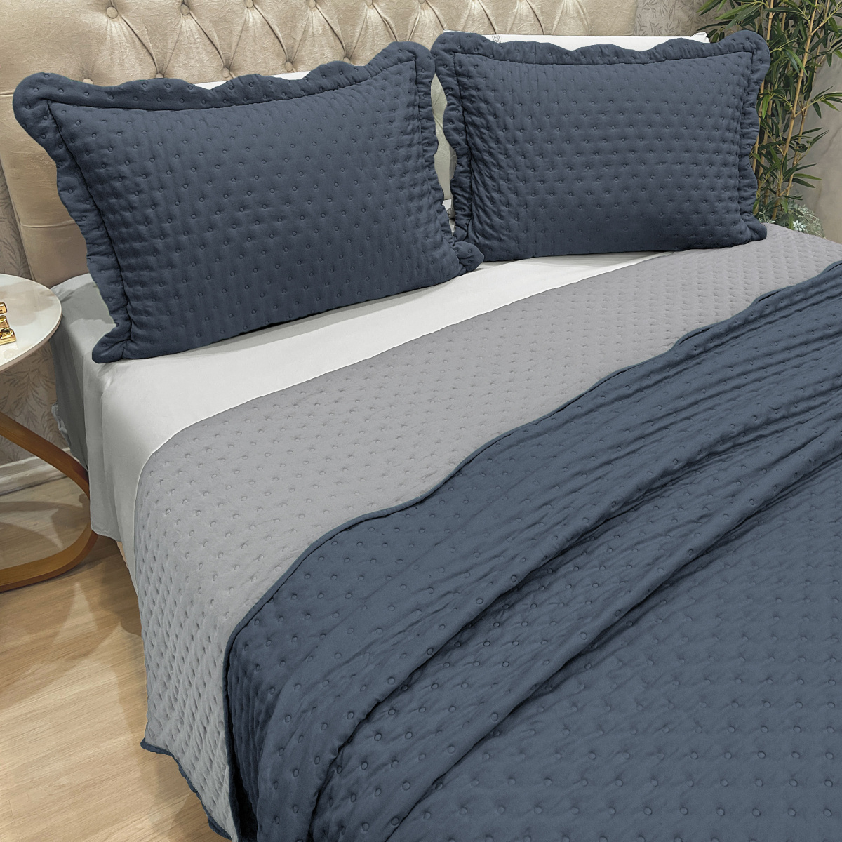 Cobre Leito Queen Percal 300 Fios Toque de Pluma Dupla Face Bold Bicolor 03 Peças - Jeans
