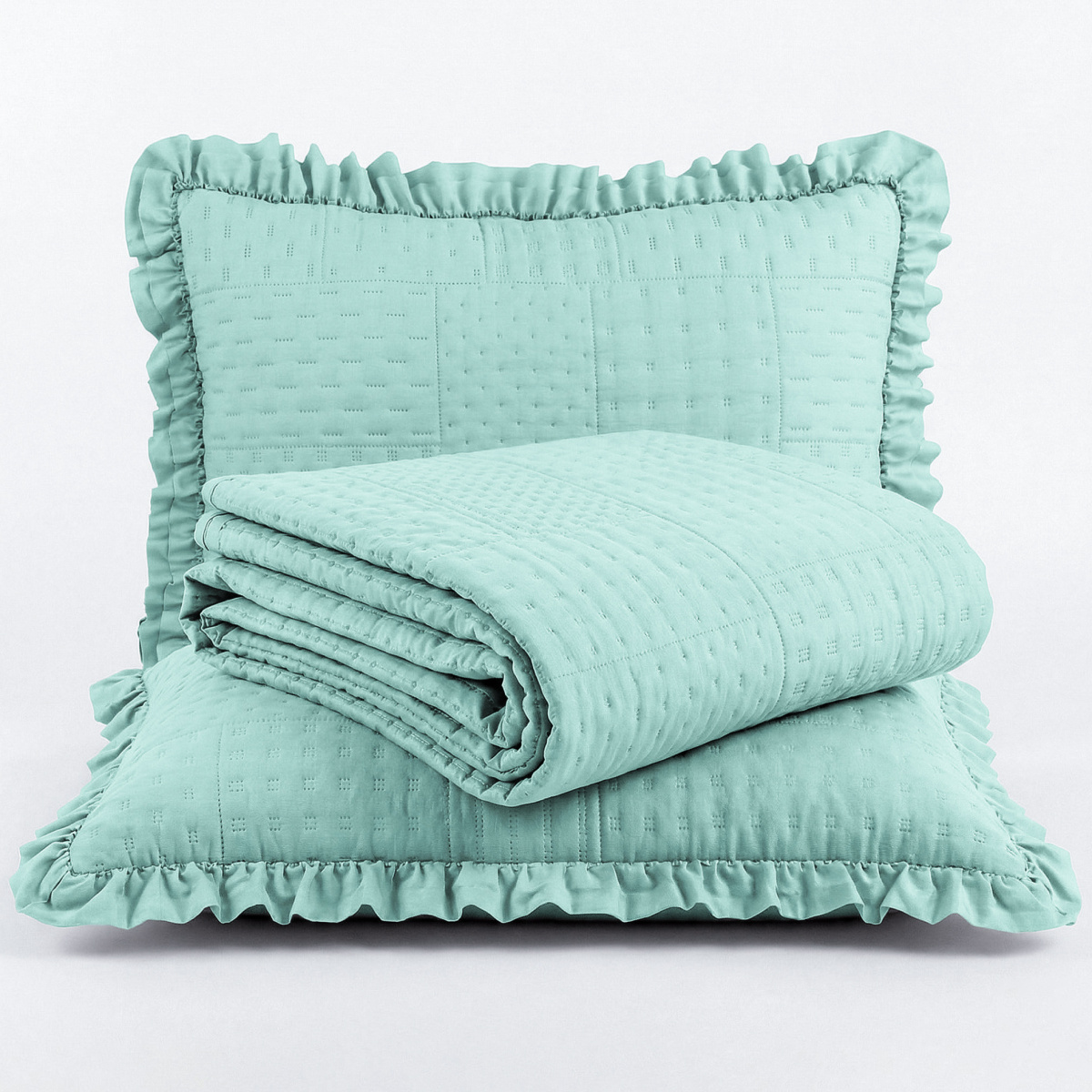 Colcha King Percal 300 Fios C/ Babado Bellini 03 Peças - Menta