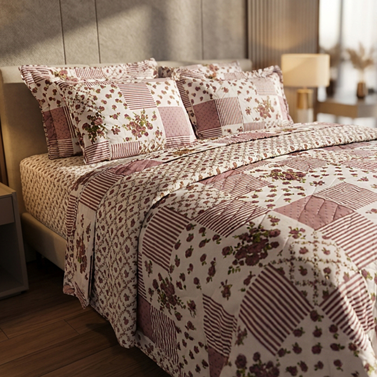 Kit Casal Padrão Cobre Leito + Jogo de Cama Percal 300 Fios Dupla Face Confort Print 07 Peças - Patchwork Malva