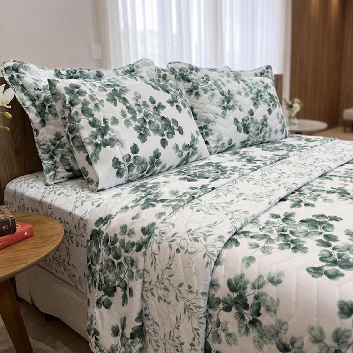 Kit King Cobre Leito + Jogo de Cama Percal 300 Fios Dupla Face Confort Print 07 Peças - Esmeralda
